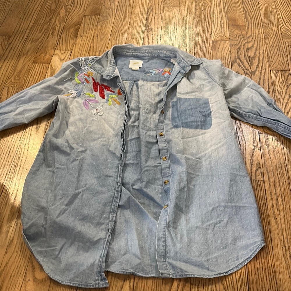 Maeve Anthropologie denim shirt with beads